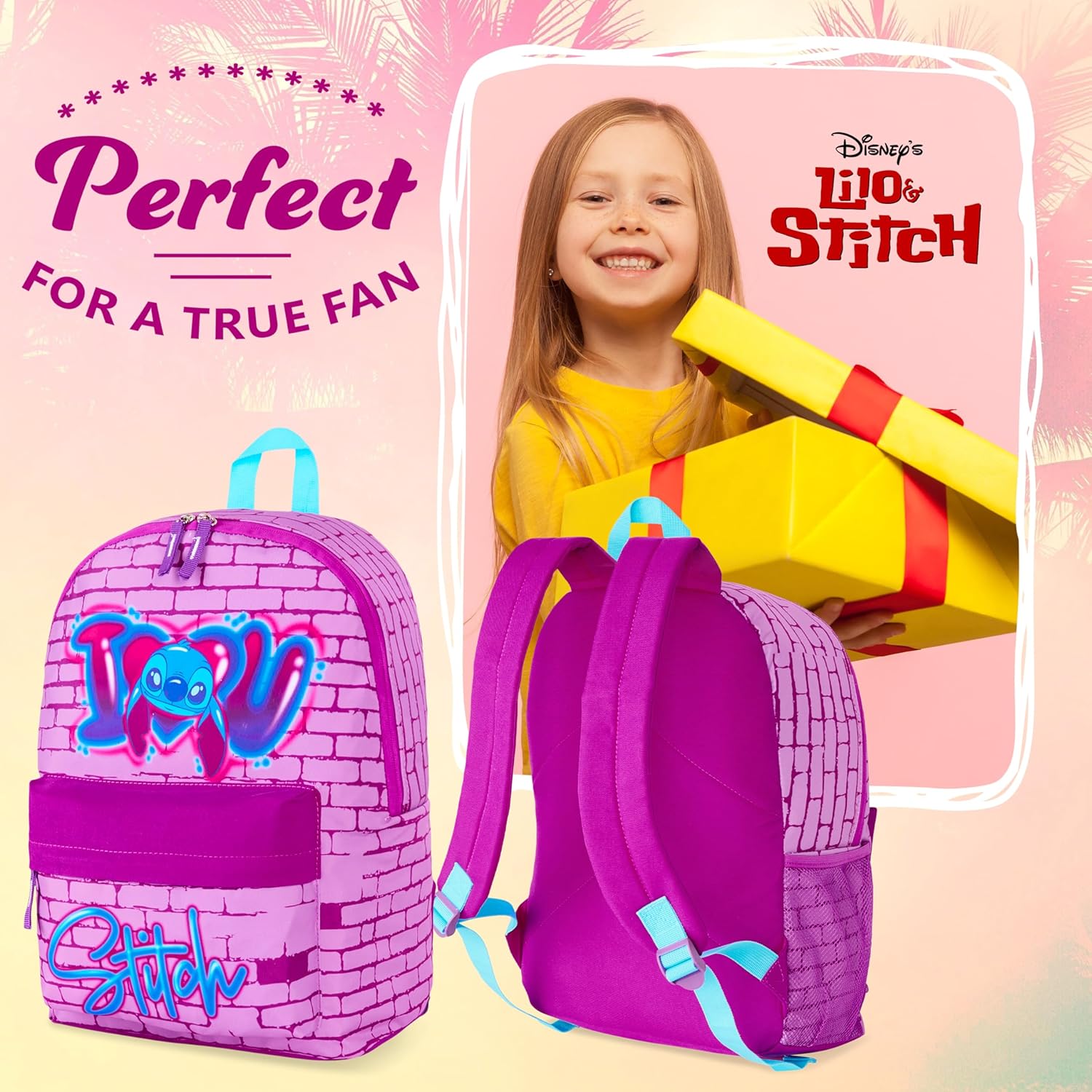 Disney Stitch Backpack for Girls Teens School Bag Kids Book Bag School Supplies Gifts (Pink)