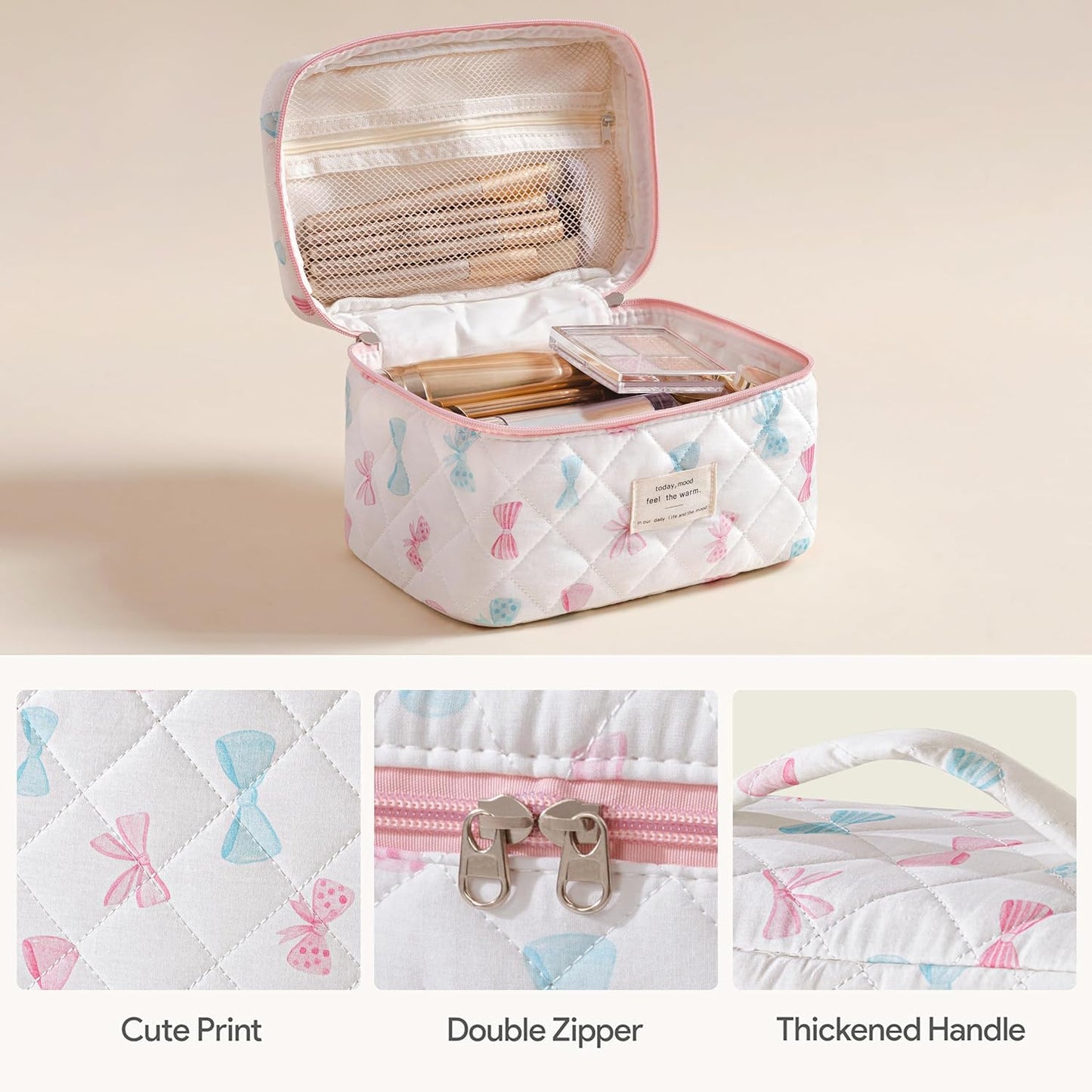 HBselect Quilted Makeup Bag, 3PCS Cotton Large Travel Makeup Bag, Cute Floral Coquette Make up Bag Cosmetic Bag Toiletry Bag for Women Girls