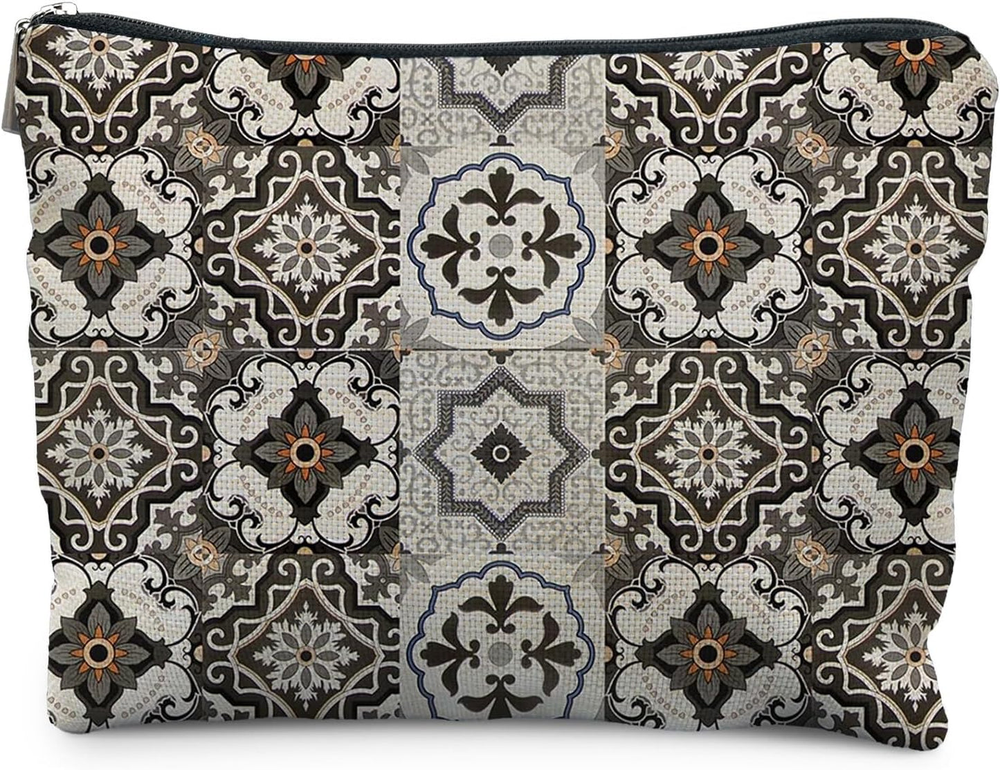 Vintage Boho Block Print Makeup Bag, Ethnic Moroccan and Mediterranean Tile Cosmetic Bags for Women, Mexican Gifts for Women, Boho Traditional Mandala Zipper Makeup Pouch