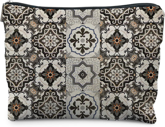 Vintage Boho Block Print Makeup Bag, Ethnic Moroccan and Mediterranean Tile Cosmetic Bags for Women, Mexican Gifts for Women, Boho Traditional Mandala Zipper Makeup Pouch