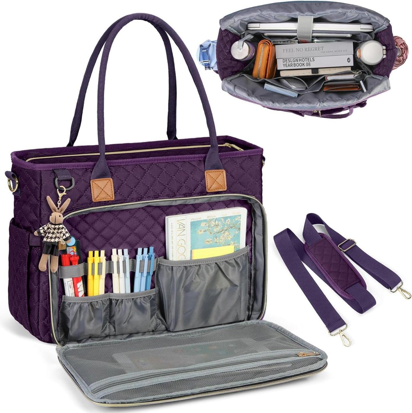 RAINSMORE Teacher Tote Bag 15.6 inch Laptop Bag for Women Work Bags Laptop Tote Nurse Bag Professional Computer Messenger with Insulated Pocket, Laptop Briefcase for Office, College, Dark Purple