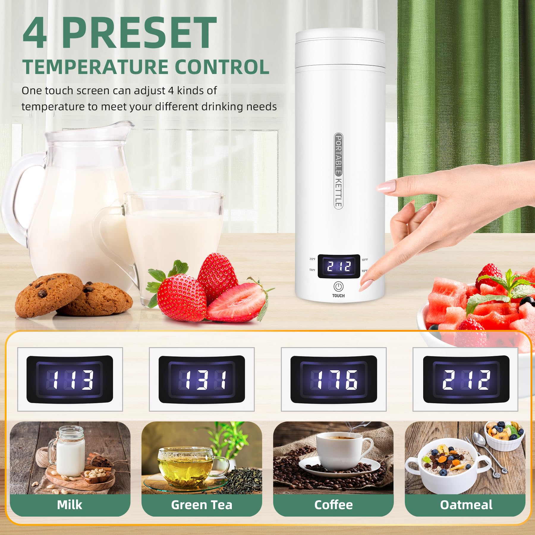 QRAGJBM Portable Electric Kettle Travel, 120V, 450ml, 4 Temperature Control