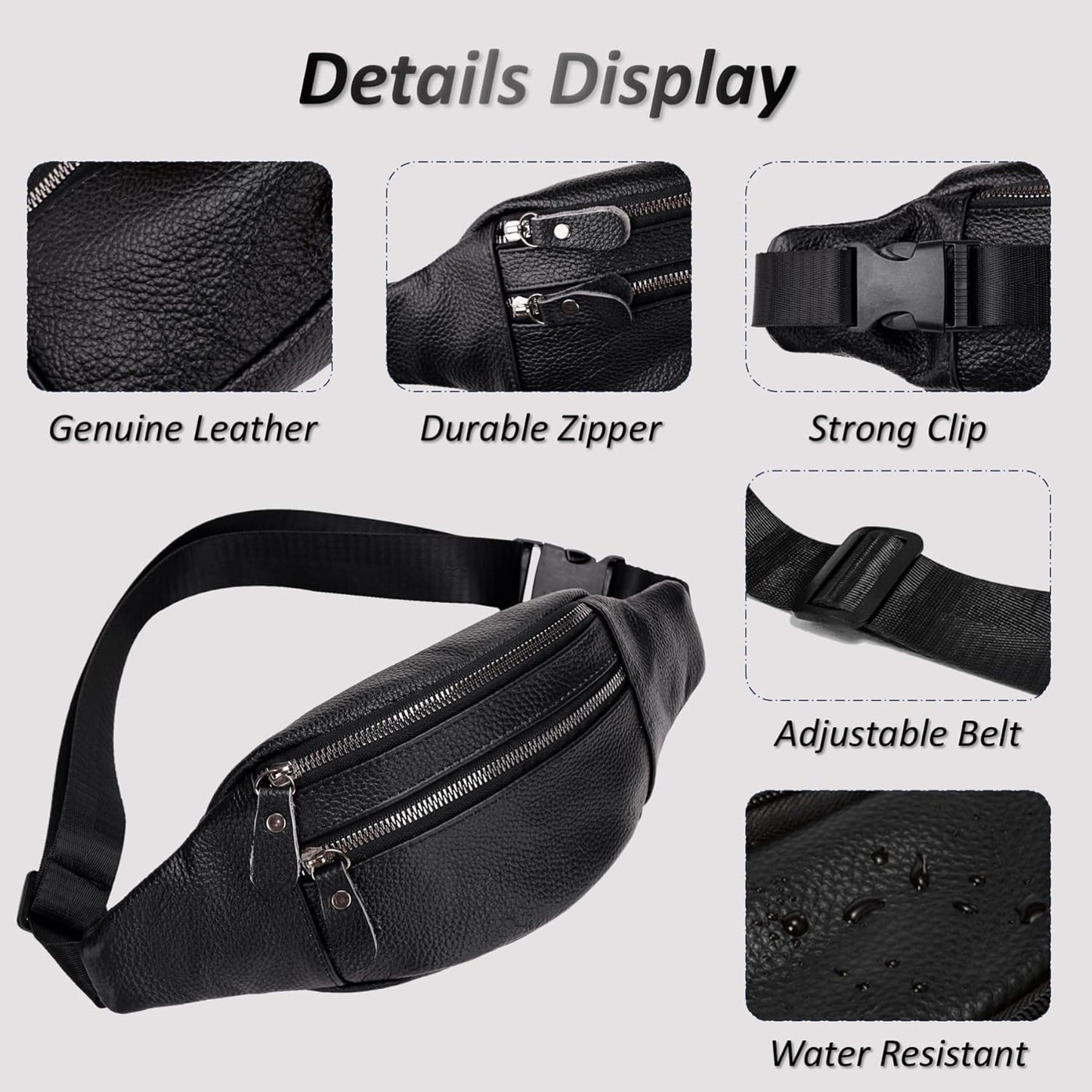 Genuine Leather Waist Bag, Outdoor Travel Waist Pack, Cowhide Leather Fanny Pack with Adjustable Strap, Suitable for Travelling, Outdoor Hiking, Cycling, Running - Black & Small