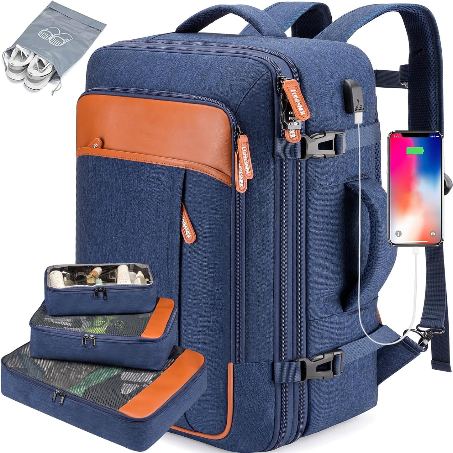 Lumesner Carry on Travel Backpacks, Extra Large 40L Flight Approved for Men & Women,Expandable Suitcase backpack (Blue (Backpack With 4 Packing Cubes))