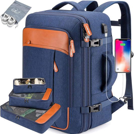 Lumesner Carry on Travel Backpacks, Extra Large 40L Flight Approved for Men & Women,Expandable Suitcase backpack (Blue (Backpack With 4 Packing Cubes))