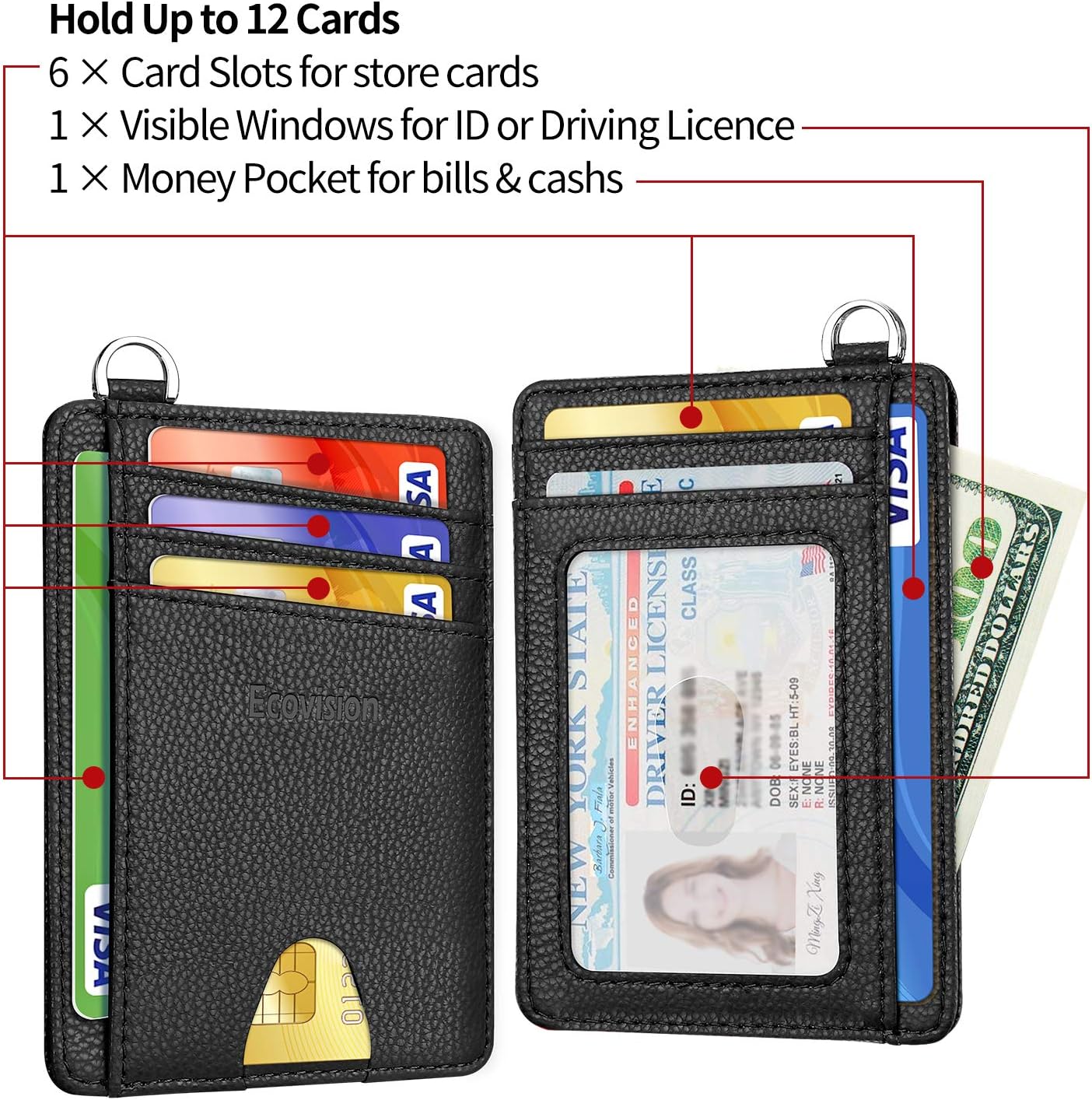 EcoVision Slim Minimalist Front Pocket Wallet, RFID Blocking Credit Card Holder Wallet with Detachable D-Shackle for Men Women