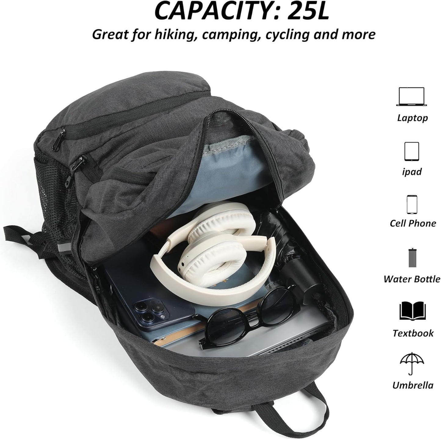 TANTOMI Small Hiking Backpack 25L Ultralight Foldable Camping Backpack Breathable Travel Backpacks Hiking Daypack for Men Women (Black)