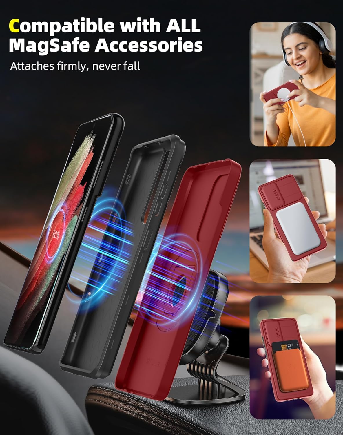 for Samsung Galaxy S21 Ultra Case Magnetic Compatible with MagSafe Wireless Charging,with Screen Protector,Built-in Stand Ring+Camera Cover Anti-Scratch Shockproof Heavy Duty Protection Red