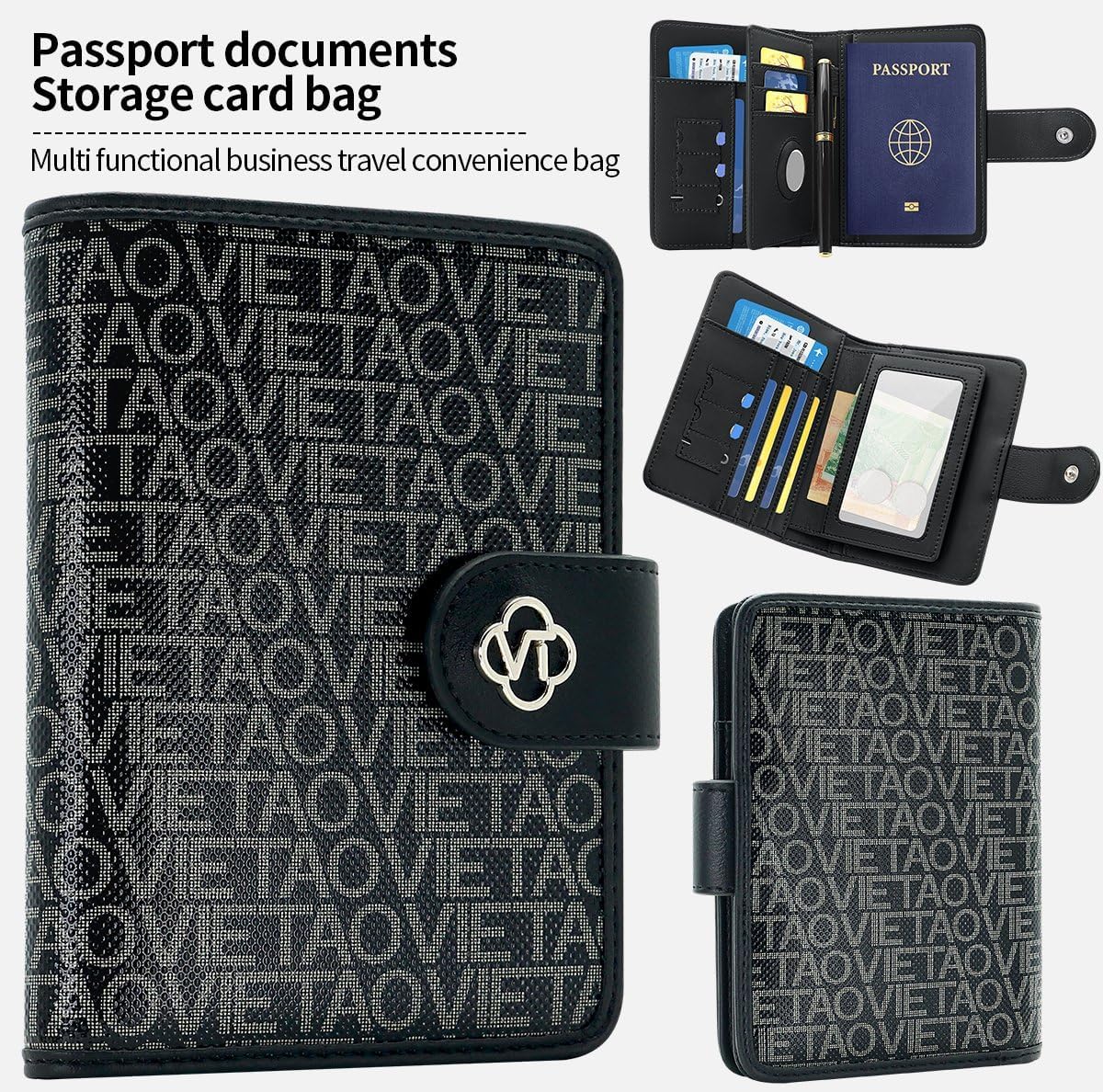 Passport Holder Wallet Bag with AirTag Holder, Card Slots and Passport Solt Ticket Cash Solt, Photo Solt Sim Card Pen Slot.Black