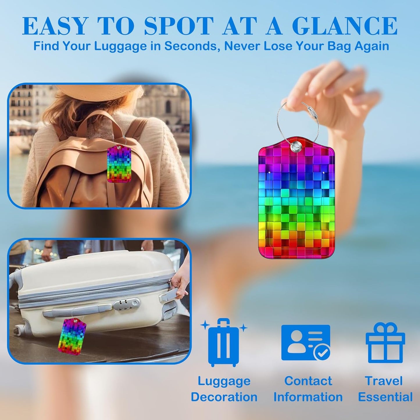 2 Pcs Luggage Tags for Suitcases, Color Grid Leather Bag Tags for Luggage Privacy Cover Name ID Label with Stainless Steel Loop Cruise Airport Travel Essentials