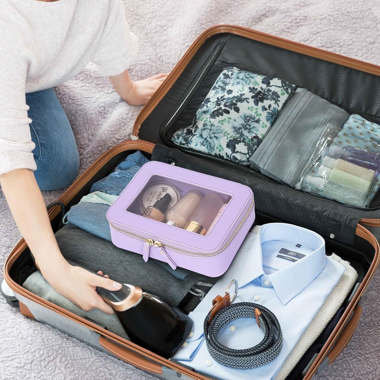 Clear Travel Makeup Bag with Brush Case Portable Transparent Cosmetic Bag and Toiletry Bag Waterproof Makeup Organizer with Zipper Car Essential for Women (Purple, M+Slim)