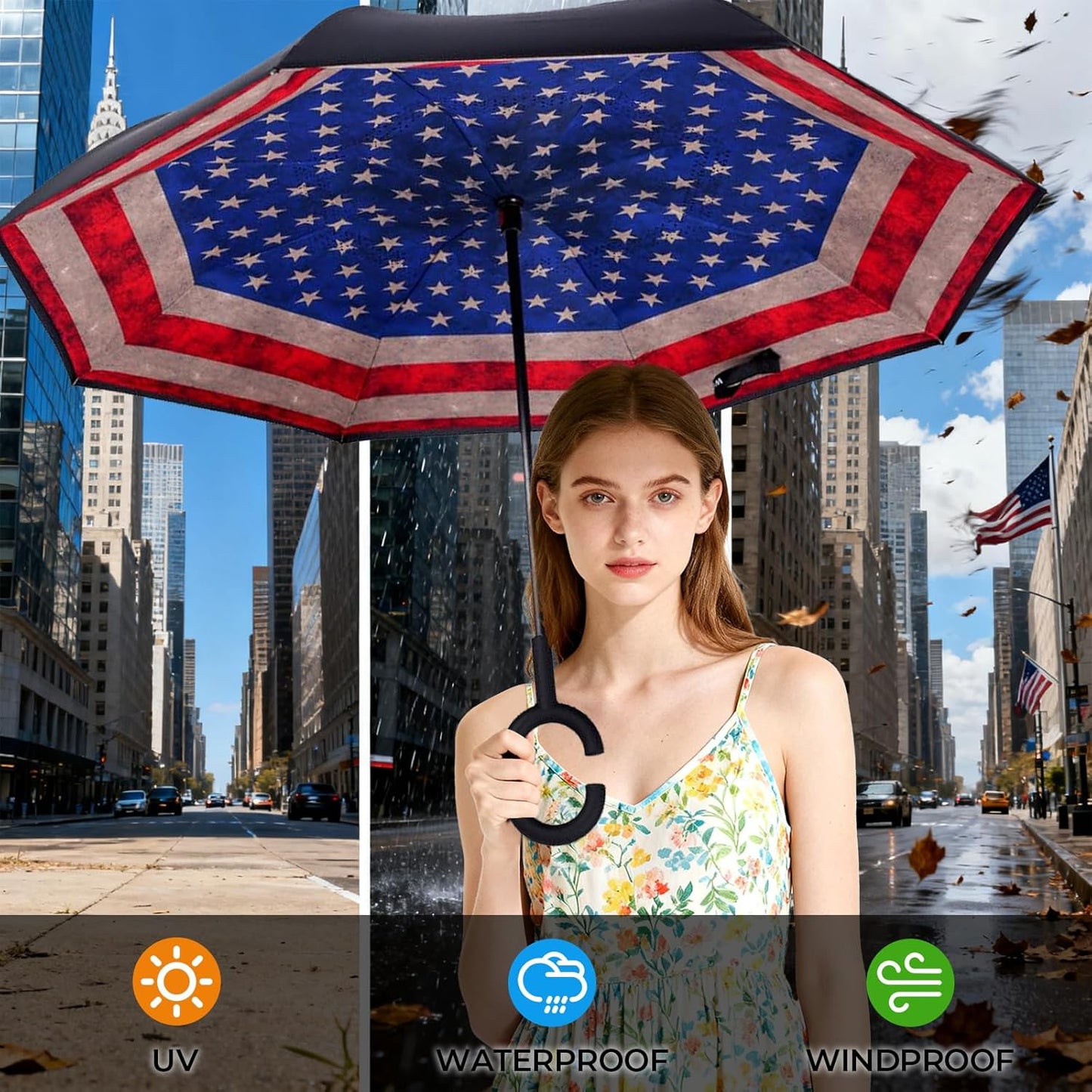Inverted Umbrella, 49 Inch Double-Layer Vented Reverse Umbrella, Windproof Waterproof UV Protection, Lightweight C-Handle, Fiberglass Ribs, Steel Shaft, Travel/Commute/Car Use, With Sleeve
