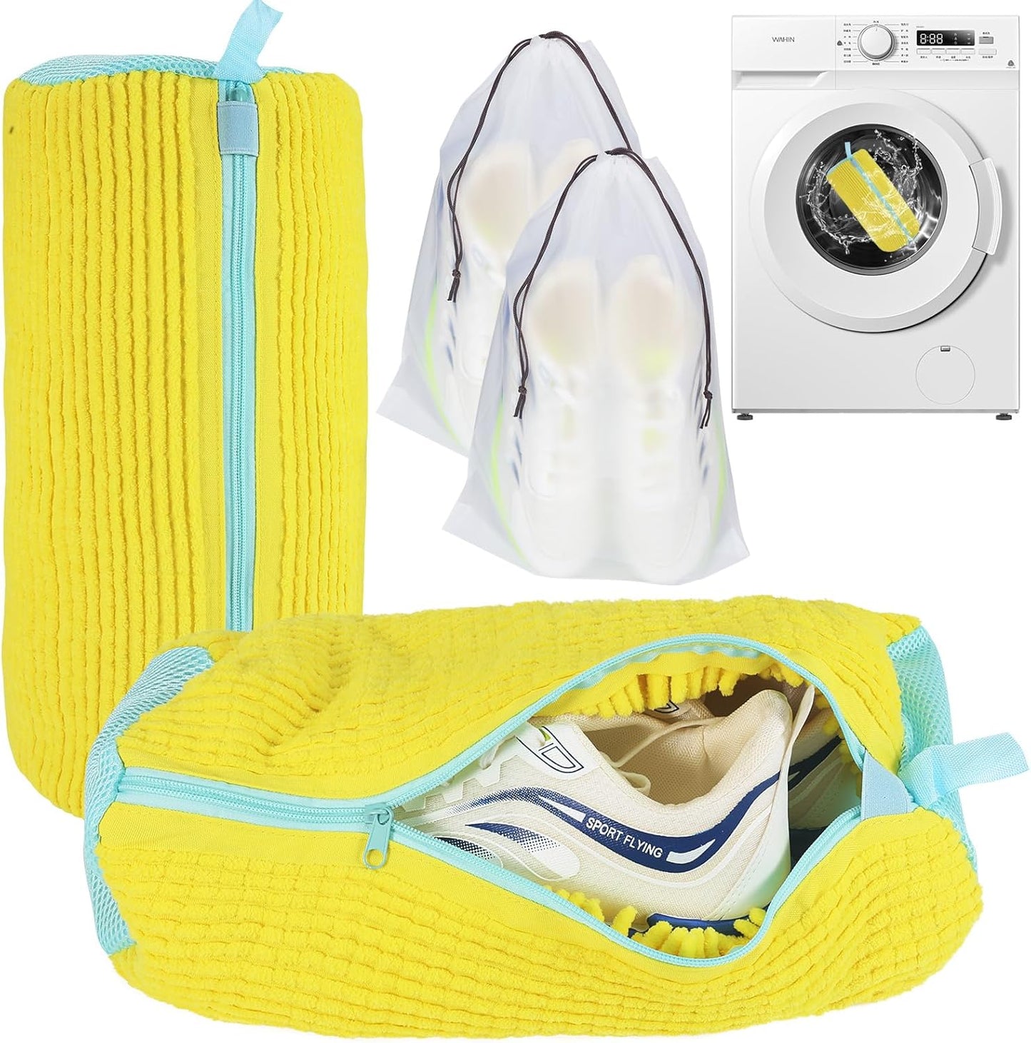 Shoe Washing Machine Bag,Shoe Cleaning Bag for All Shoe Types,Laundry Shoe Bag for Washer and Dryer Laundry Bags-Reusable Shoe Cleaning Bag for Sneaker Tennis Shoes Unstain Cleaner Kit(Yellow 2PCS)
