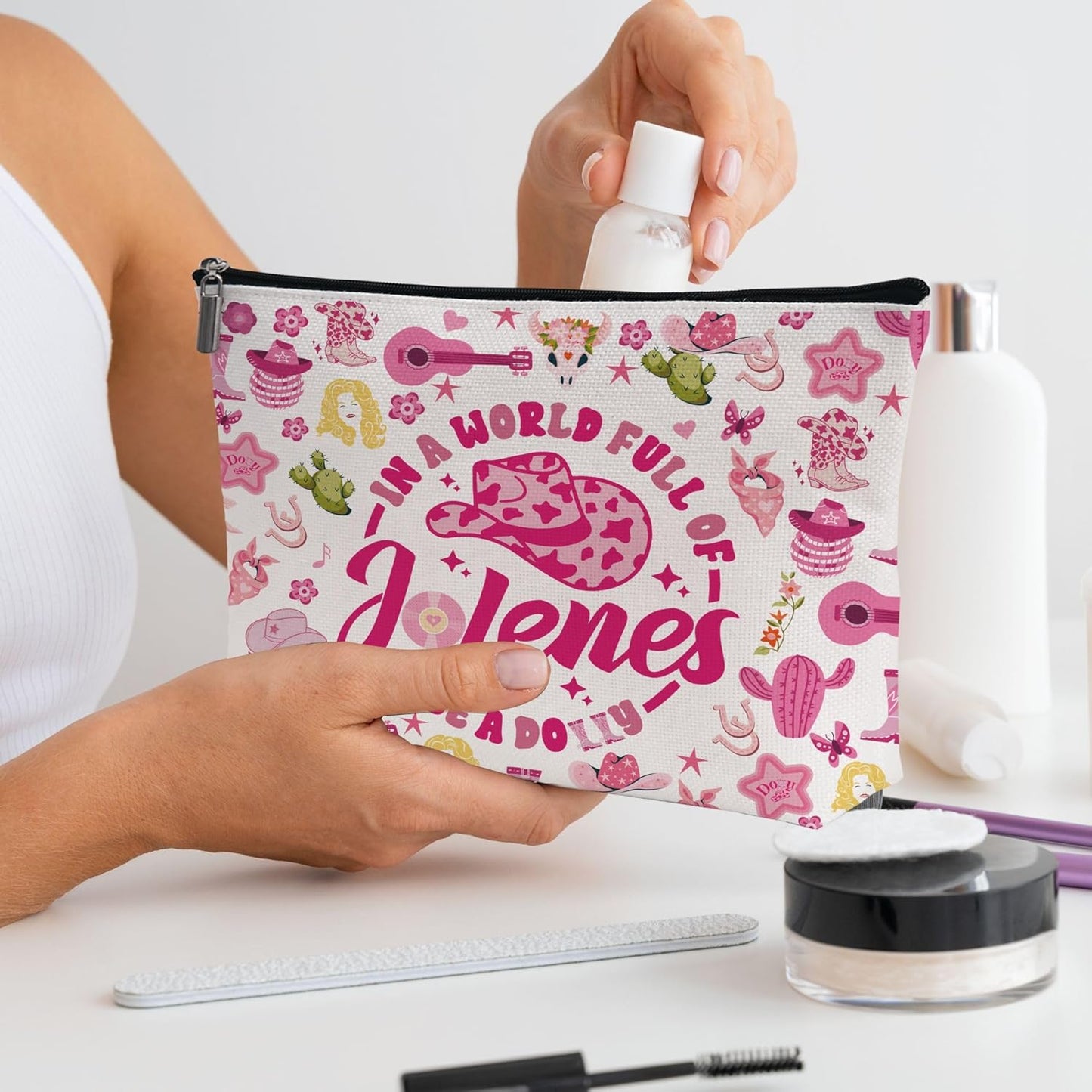 Pink Cowgirls Makeup Bag, Country Music Lover Gift Silky Lining Cosmetic Pouch, Western Country Pink Dolly Theme Gift for Women Country Music Fans