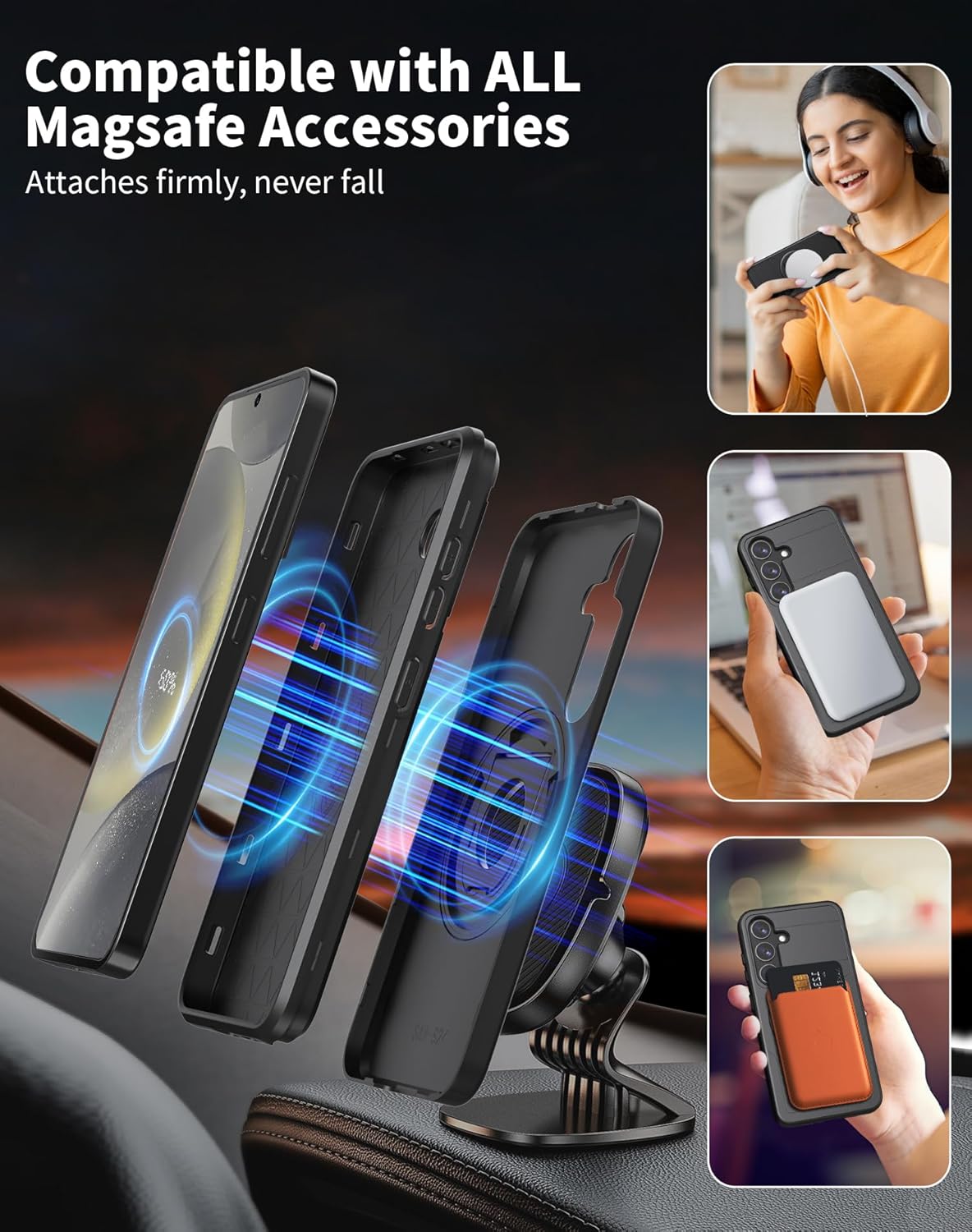 for Samsung Galaxy S24 Case Magnetic Compatible with MagSafe Wireless Charging,with Screen Protector,for S24 Phone Case with Kickstand Ring Anti-Scratch Shockproof Heavy Duty Protection Black