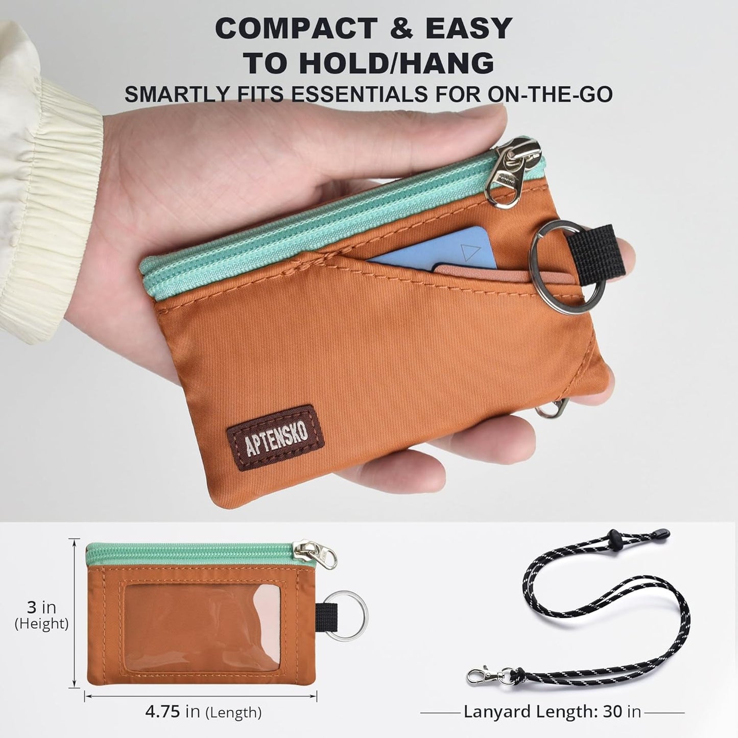 RFID Travel Wallet with Adjustable Lanyard-Zipper Small Wallet with ID Card Holder, Keychain for women&men-Minimalist Slim Waterproof Nylon case for ID, Cash, Key (Rust)