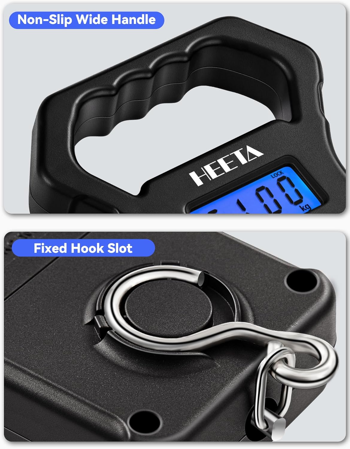 HEETA Fish Scale, 110lb/50kg Digital Portable Hanging Fishing Weight Scale with Backlit LCD Display, Luggage Scale with Hook, Non-Slip Large ABS Handle & 2 AAA Batteries, Fishing Gifts Gear for Men