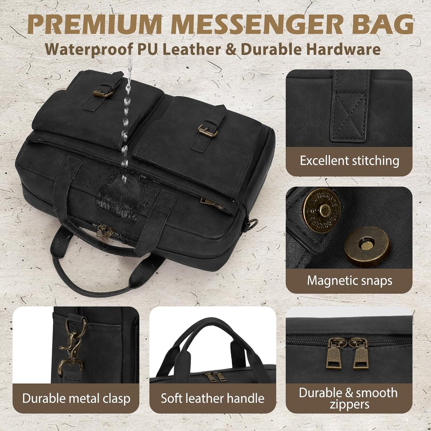 RAINSMORE Messenger Bag for Men 16 Inch Leather Laptop Bags Work Computer Briefcase Vintage Mens Satchel Shoulder Bag for Work, Office, Business, Travel, Black