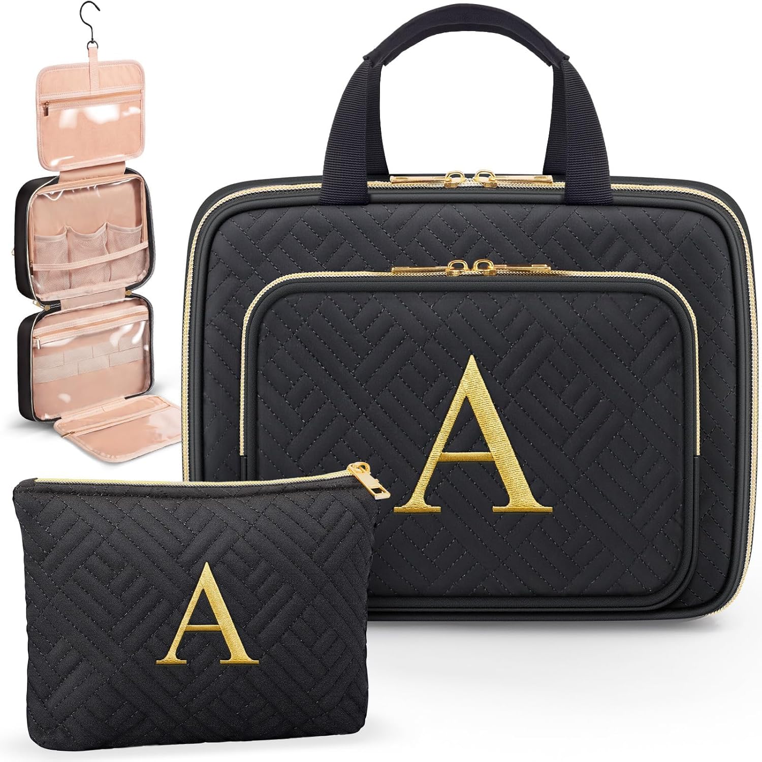 Gifts for Women, Initial Toiletry Makeup Bag Hanging Cosmetic Organizer with Embroidery Letter