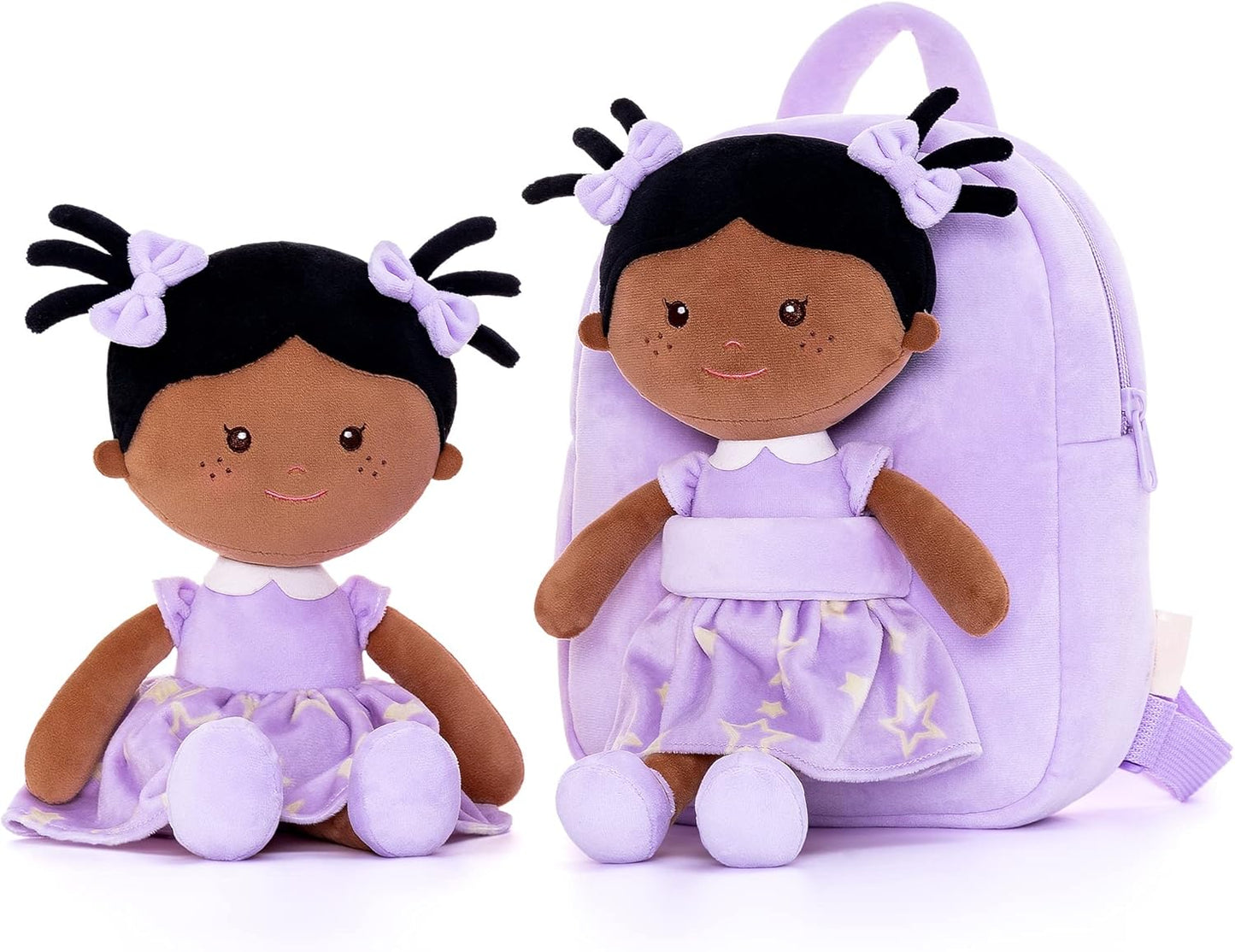 Onetoo Back to School Gifts for Girls Toddler Kids Backpack with Soft Tanned Baby Dolls in Purple Star Dress 9.5"