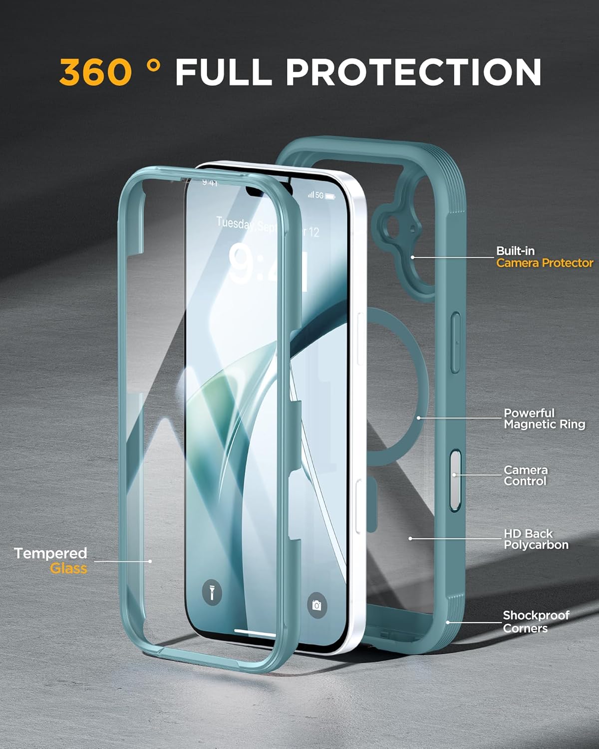 Miracase for iPhone 17 Case 6.3'', Full-Body Military Grade Drop Protection Outdoor Phone case with Built-in Glass Screen &Camera Control,Easy Installation,No Gap,Compatible with MagSafe, Green