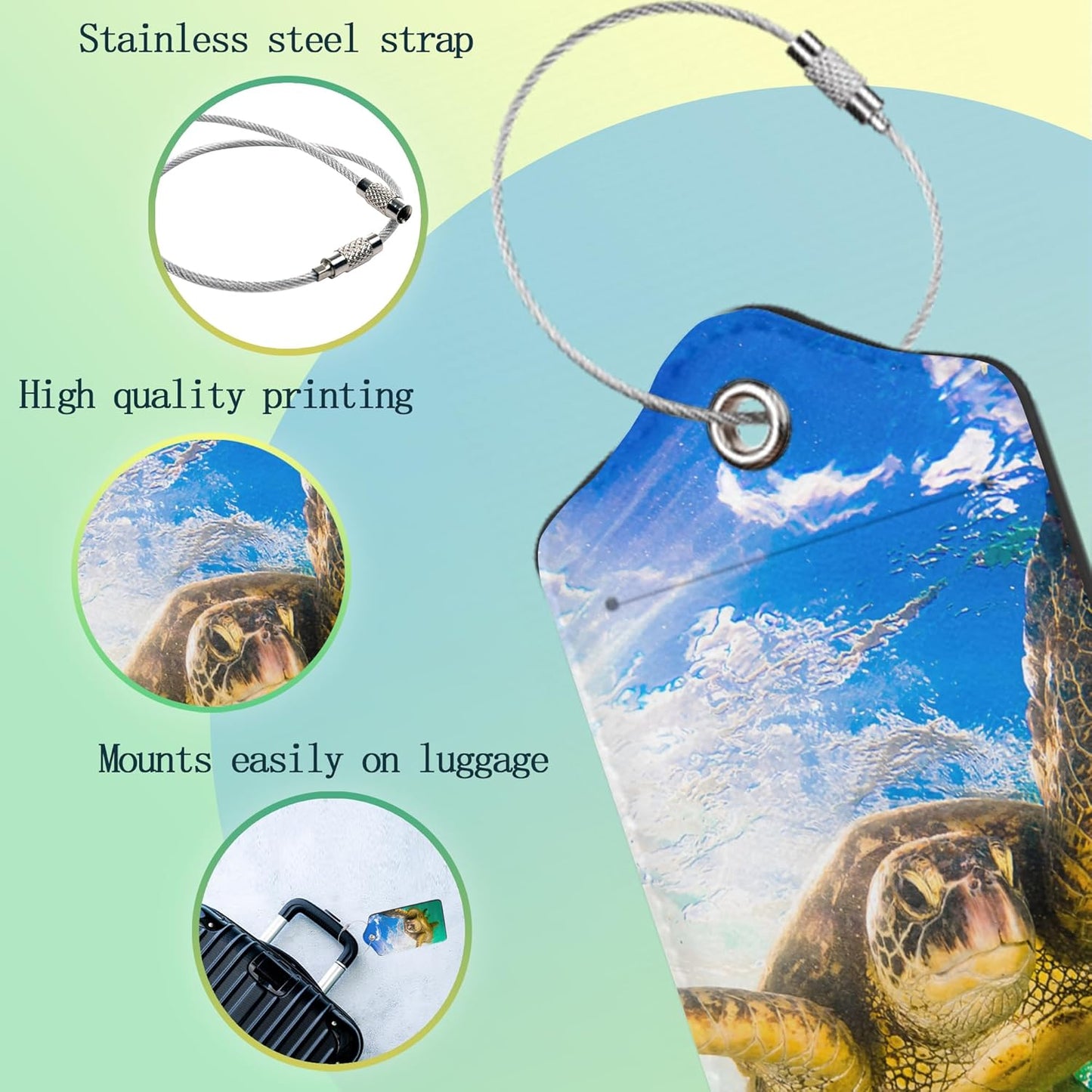 SeTurtle Luggage Tags Set of 2 Green Hawaiian Leather Suitcase Tags with Stainless Steel Loop and Privacy Cover for Women Men Travel Luggage Accessories