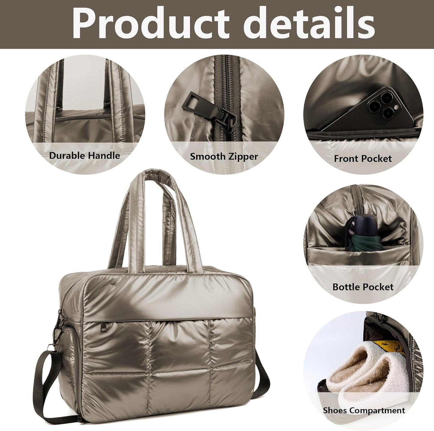 Weekender Fluffy Bag Quilted Nylon Puffer Tote Bag Personal Item Bag for Airlines Overnight Bag Gym Bag