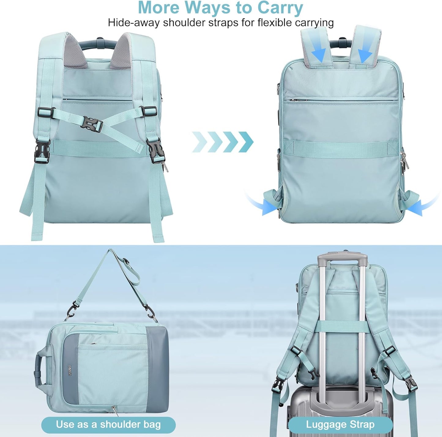 PIJUSHI Laptop Backpack for Women Men Personal Item Travel Backpack Convertible Carry on Bag Flight Approved(PE042 Teal Blue)