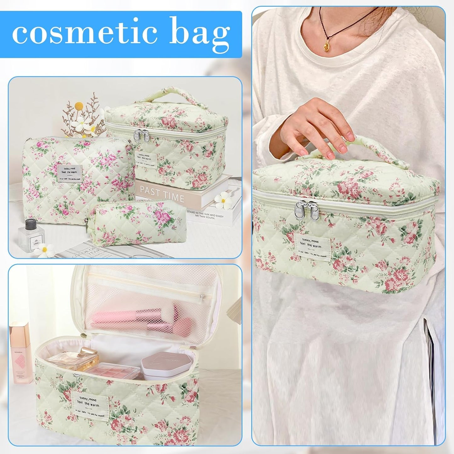 Quilted Makeup Bag, Large Capacity Travel Cosmetic Bag for Women and Girls, Aesthetic Storage, Suitable for Daily and Travel Use (3pcs-PinkRose)