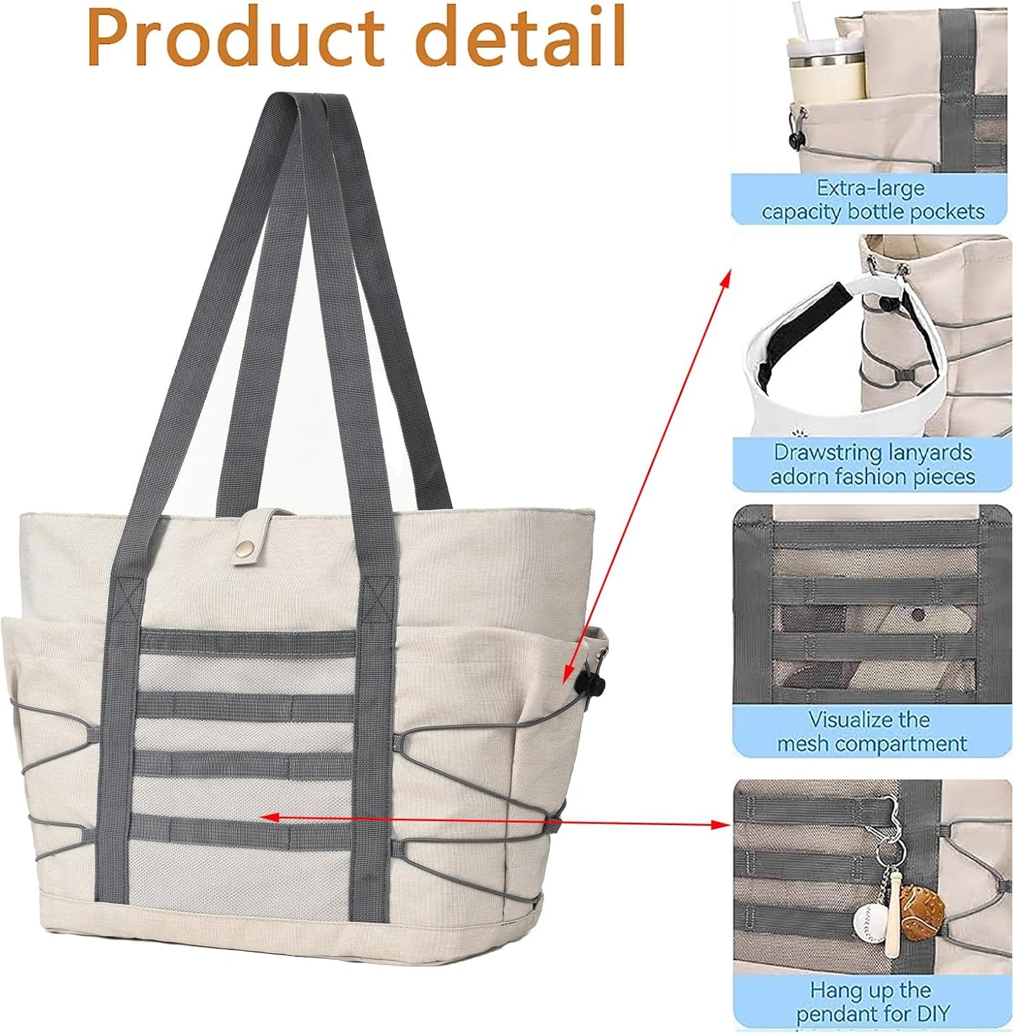 Travel Tote Bags for Women - Foldable Beach Bag Waterproof Zipper Gym Sports Shopping Bag with Trolley Sleeve