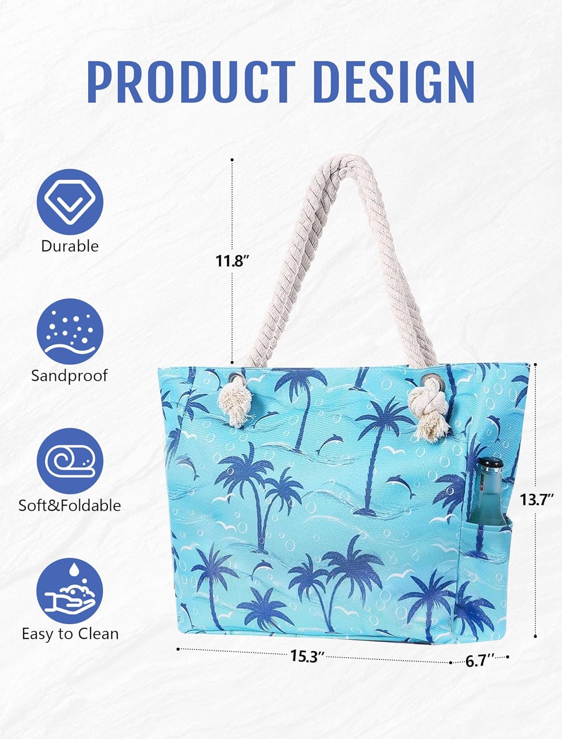 TESALATE Large Canvas Beach Tote Bag with Zipper Waterproof for Women Swim Travel Swim Pool Shopping Cruise Essentials Gifts