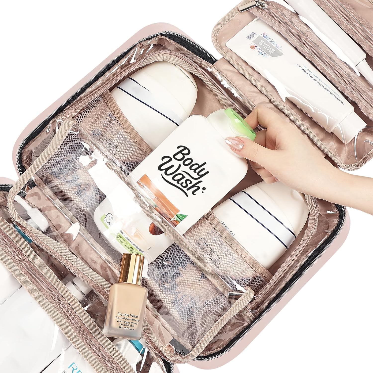 NISHEL Travel Toiletry Bag for women, Portable Hanging Organizer for Family-Sized Shampoo