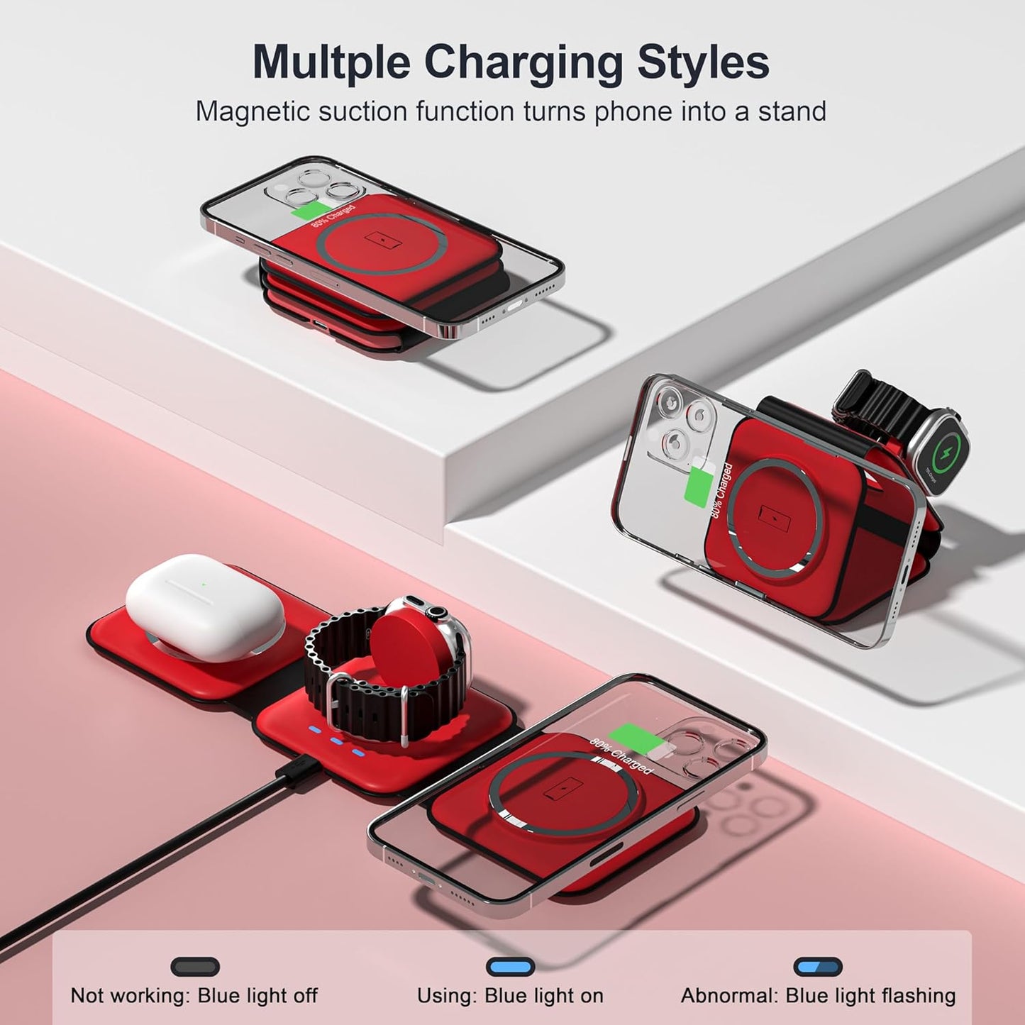 UCOMX 3 in 1 Charging Station for Multple Devices,Foldable 3 in 1 Wireless Charger for Travel,Nano Wireless Charging Station for iPhone16 15 14 13 12 Pro Max/Watch 10 9 8 7 6 5 4 3 Ultra/AirPod Pro