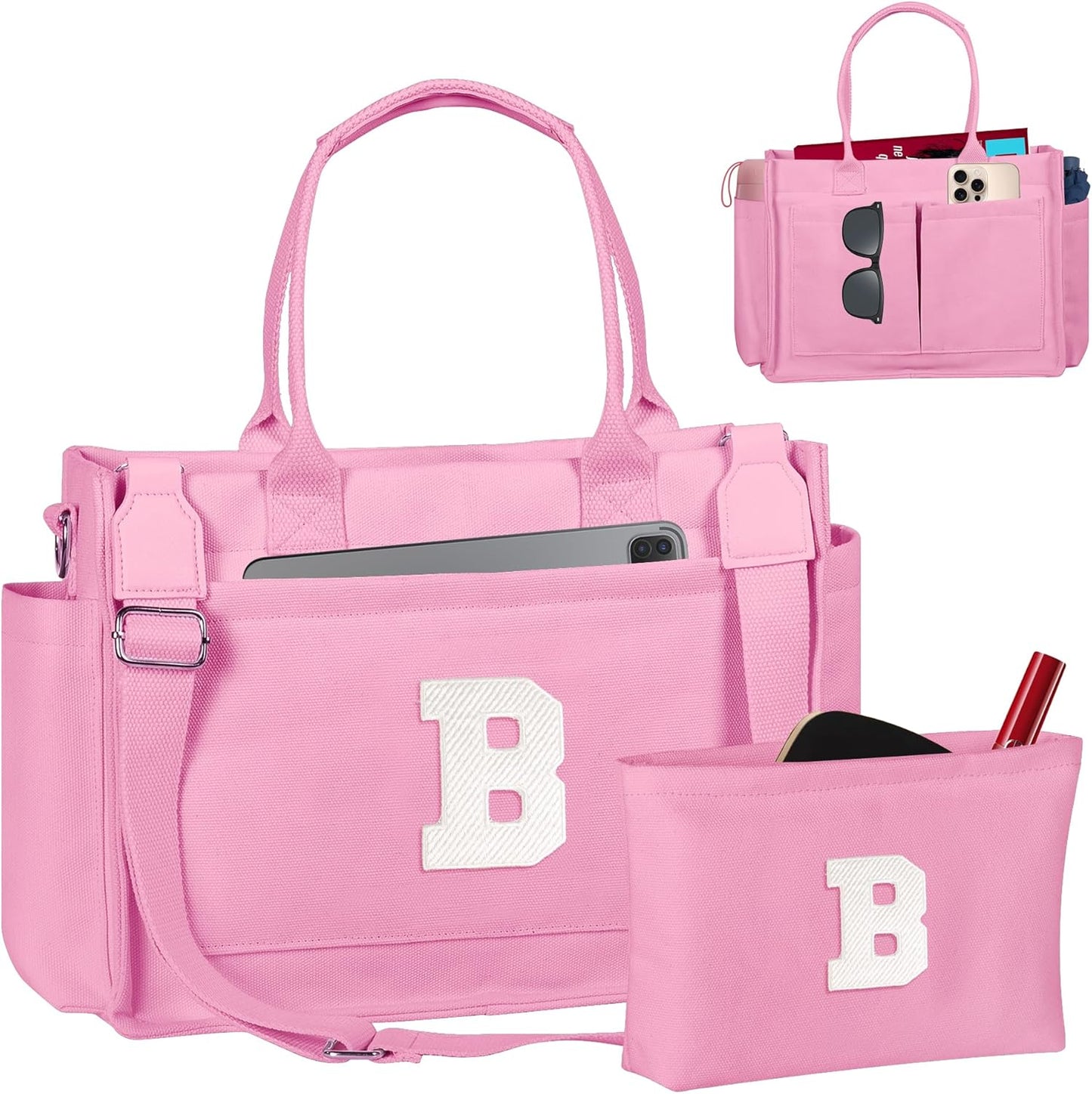 Gifts for Women Teen Girls, Initial Tote Bag with Zipper, Letter Canvas Tote Purse for College Work Laptop Beach