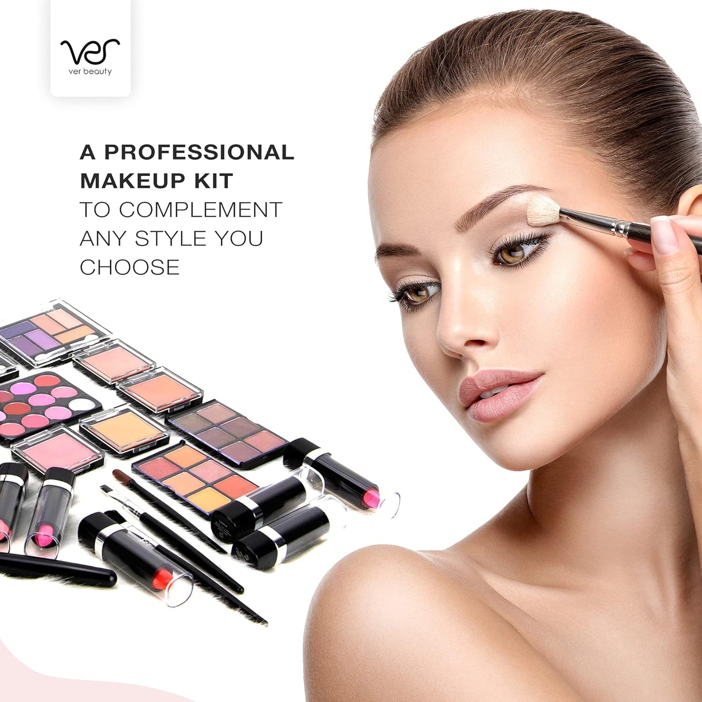 VER Beauty 61 pcs All-In-One Makeup Kit For Woman, Girls & Teens, Full Kit, Makeup Gift Set Eyeshadow Lipstick Lip Gloss Multi-Color Lip Balm Rouge Nail Enamel Mascara Tweezer Scissor Filer (Pink)
