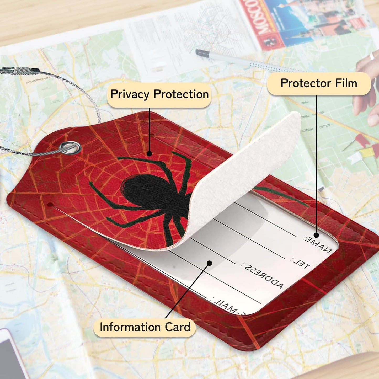 Red Spider Web Luggage Tag for Suitcase,Design with Privacy Flap Name ID Label Metal Loop, 3 Pack