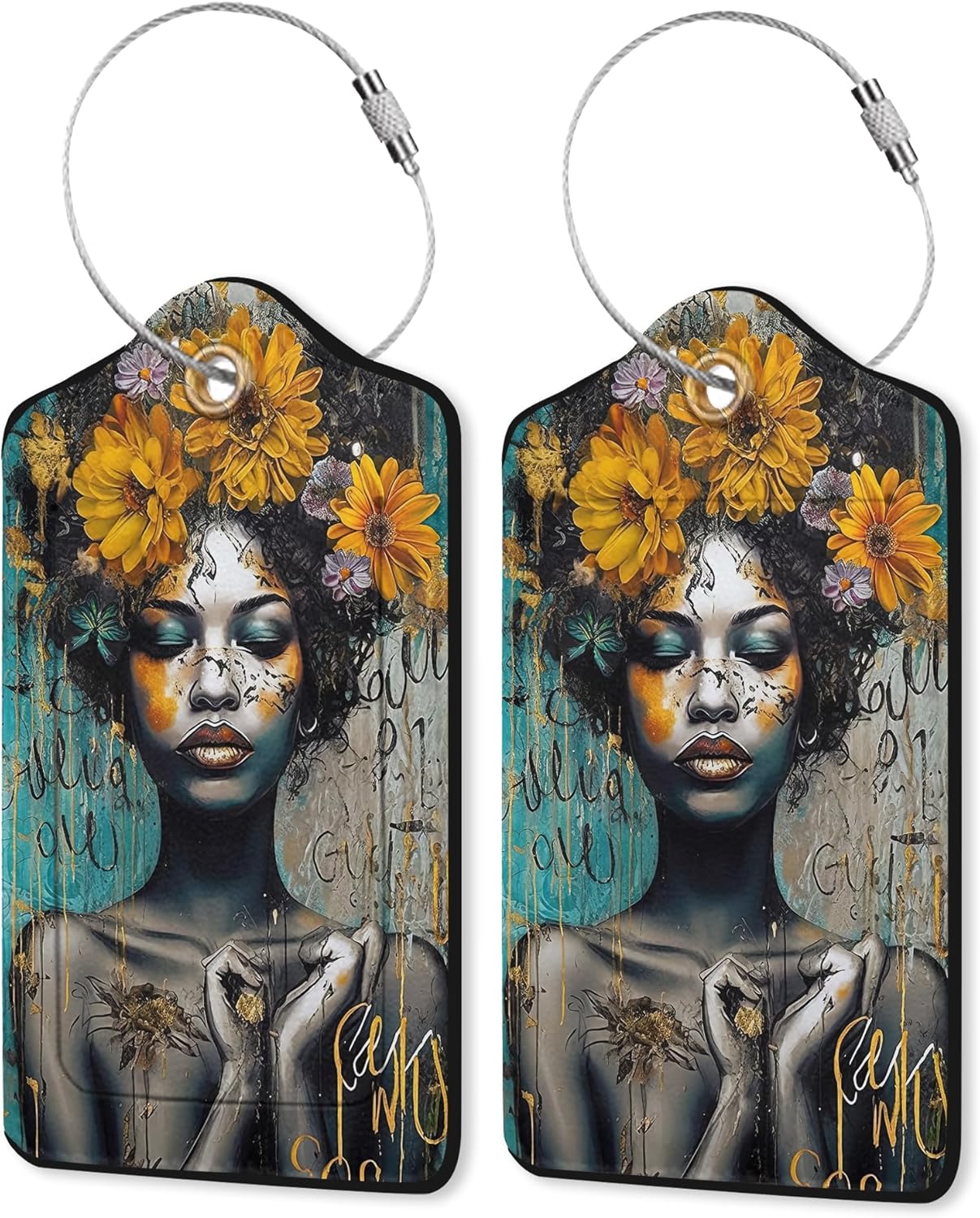 2 Pack Leather Luggage Tag for Suitcase African Girl Art Unique Travel Tags with Privacy Cover ID Label & Stainless Steel Loop for Men and Women Baggage