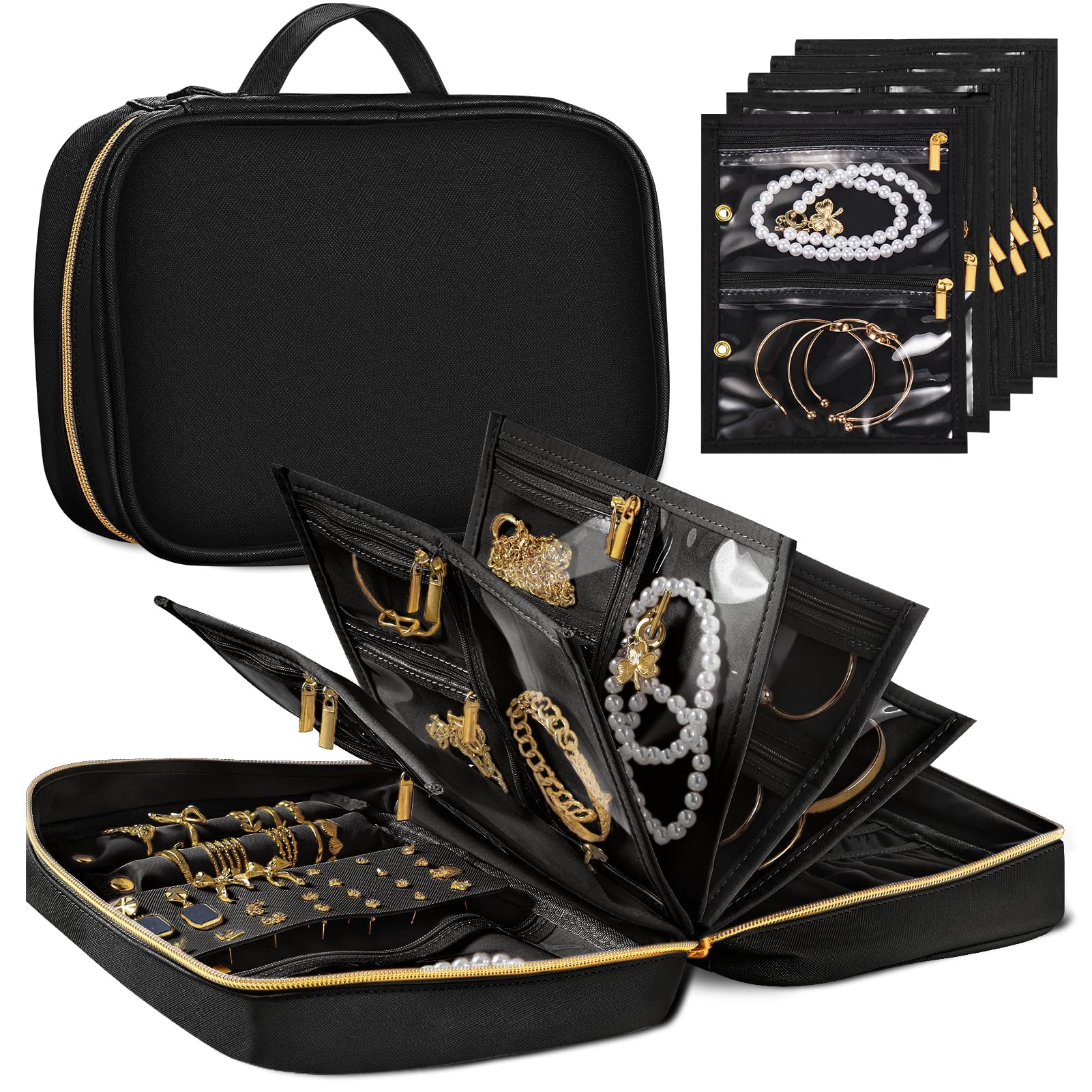 Travel Jewelry Organizer for Women, Detachable Pouches, Tangle-Free, Black