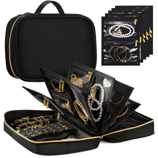Travel Jewelry Organizer for Women, Detachable Pouches, Tangle-Free, Black