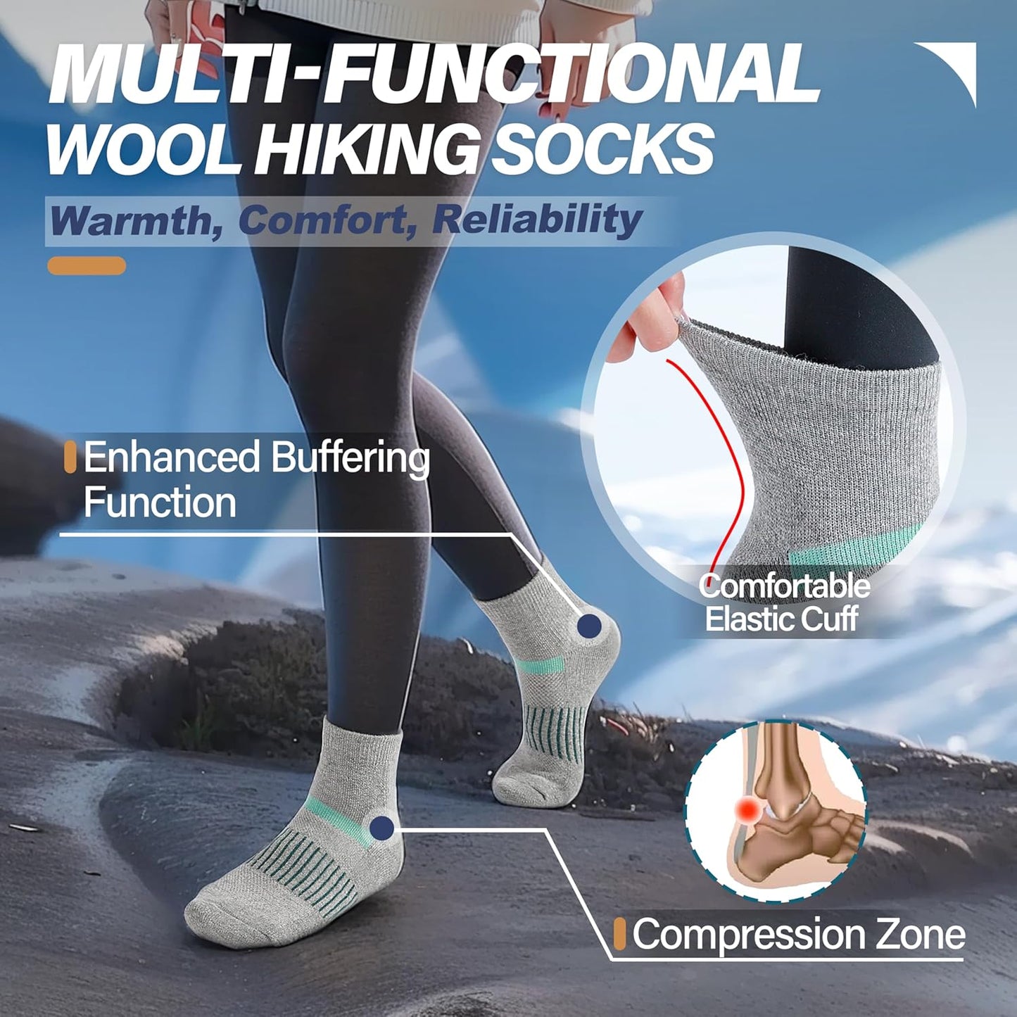 6 Pairs Merino Wool Ankle Running Hiking Socks Compression Support Breathable Thick Cushion No Show