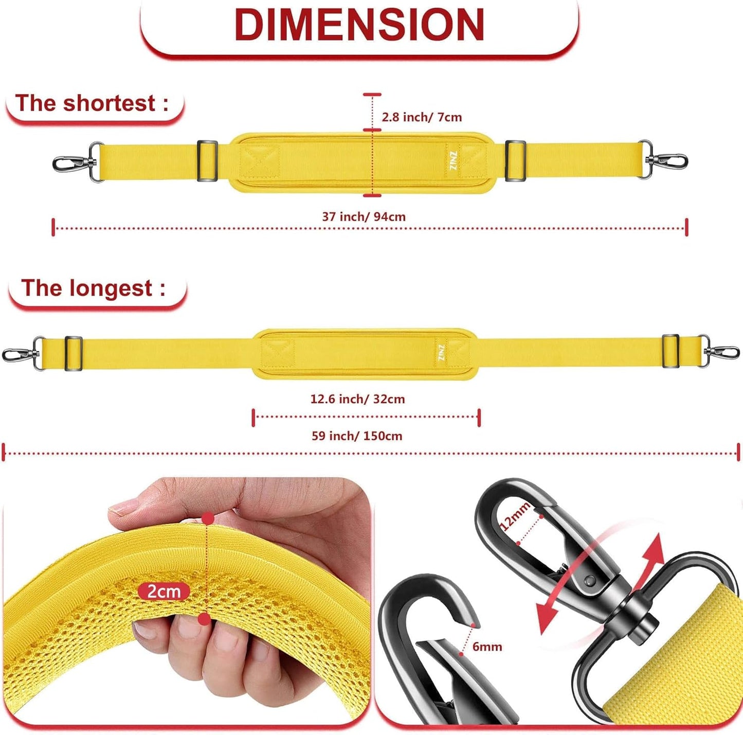 ZINZ Shoulder Strap - 59 Inch Universal Heavy-duty Adjustable Strap with Ultra-thick Fixed Breathable Pad for Laptop, Gym, Camera Bag and More -Yellow