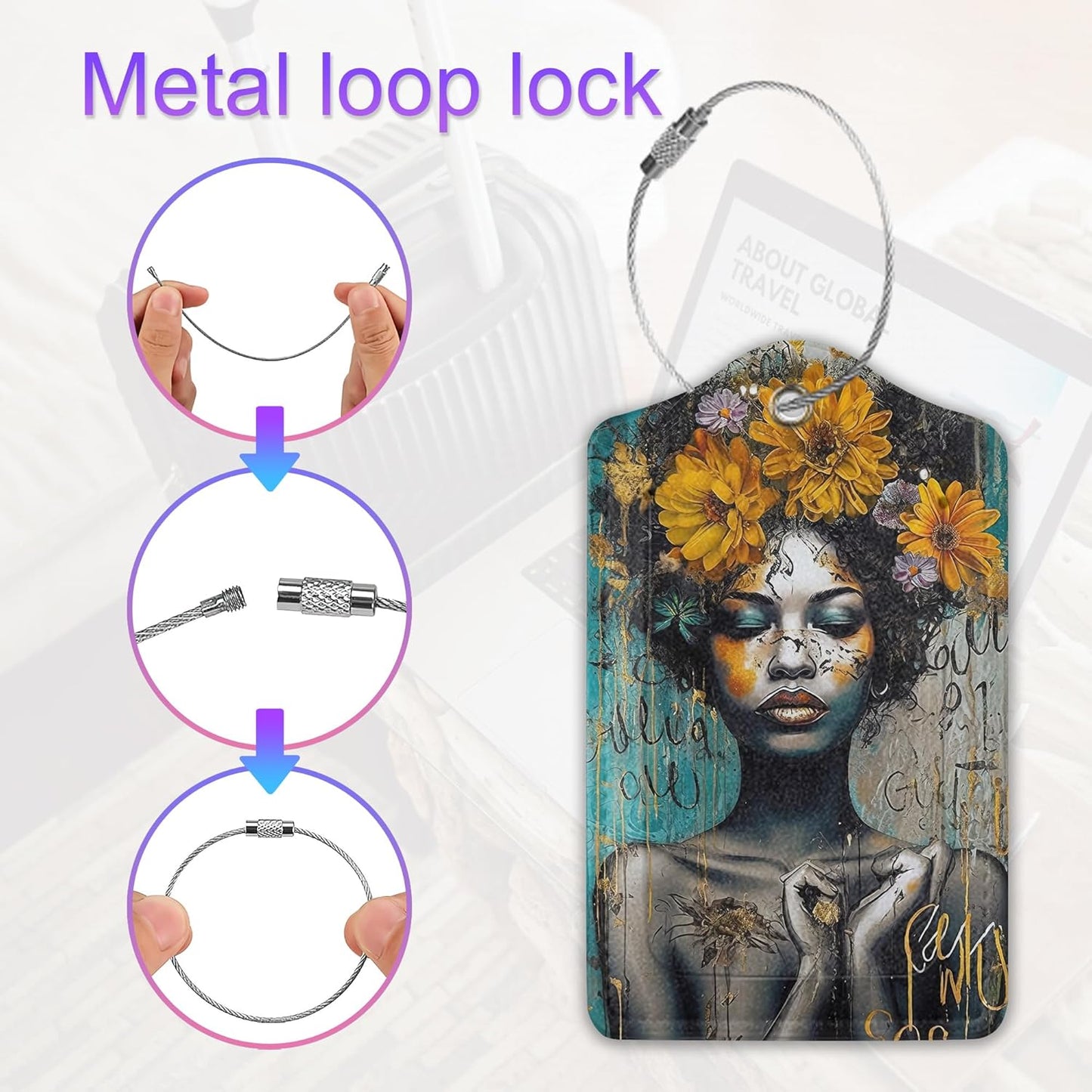 2 Pack Leather Luggage Tag for Suitcase African Girl Art Unique Travel Tags with Privacy Cover ID Label & Stainless Steel Loop for Men and Women Baggage