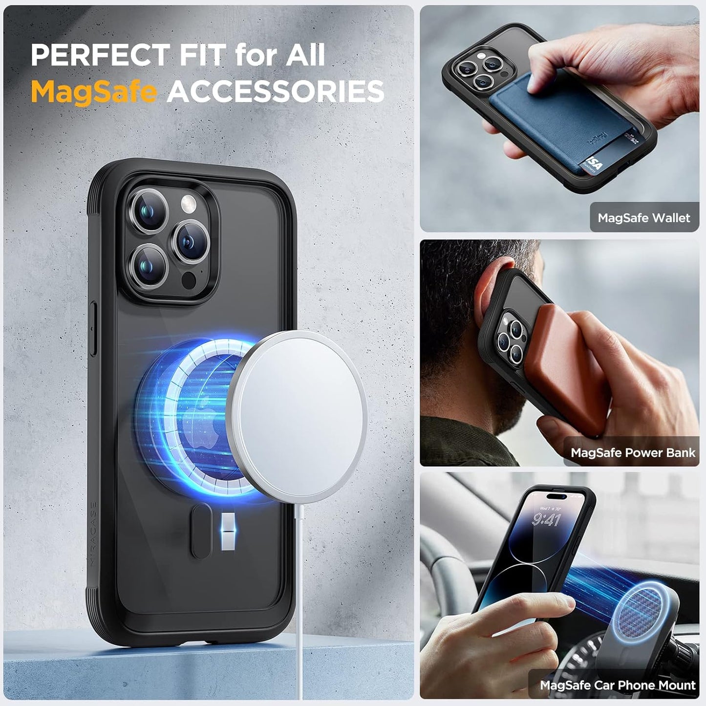 Miracase Glass Series Designed for iPhone 14 Pro Max Case 6.7 Inch, Upgrade Full-Body Magnetic Case with Built-in 9H Tempered Glass Screen Protector, with Camera Lens Protector, Magnetic Black