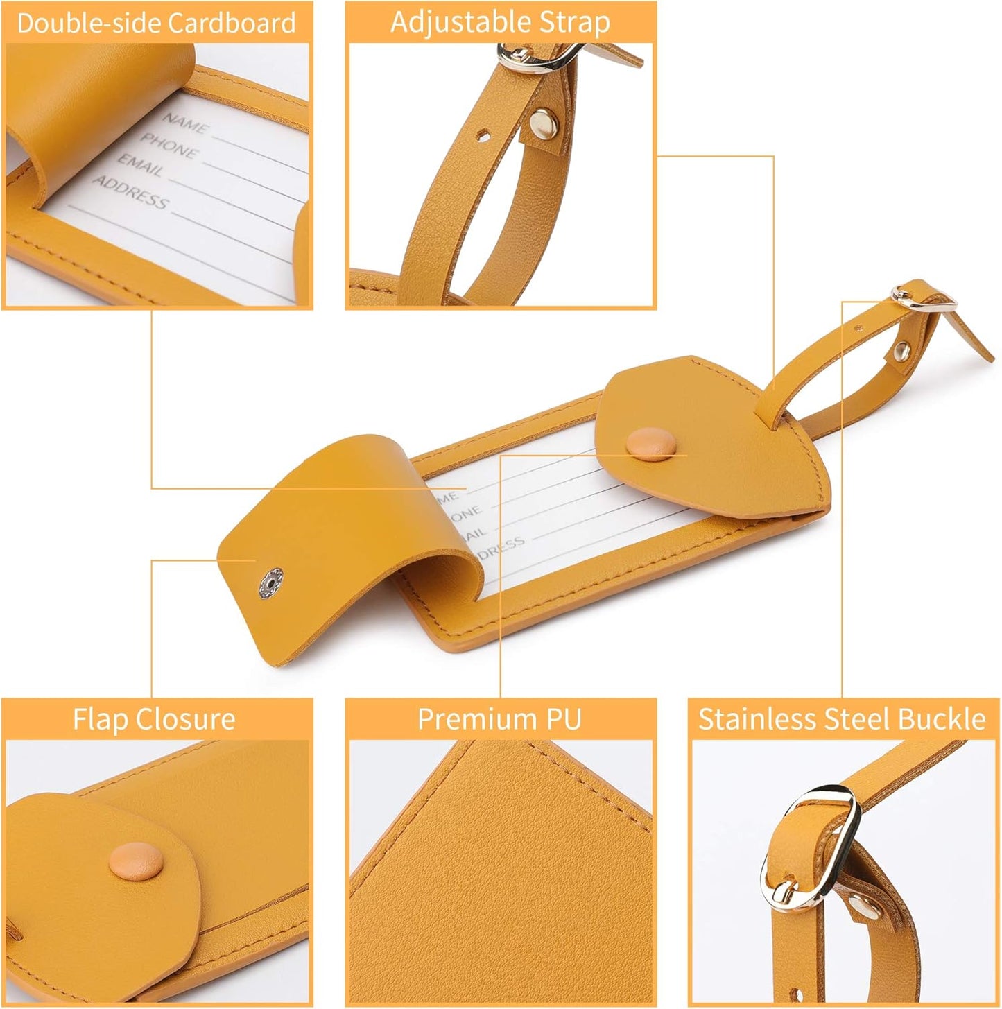 Kevancho Leather Smart Luggage Tags for Men Women, Suitcase Labels Baggage Tote Bag Tag ID Tags with Full Back Privacy Cover for Carnival Cruise Ship, Travel Accessories Tags Set of 2 PCS(Yellow)