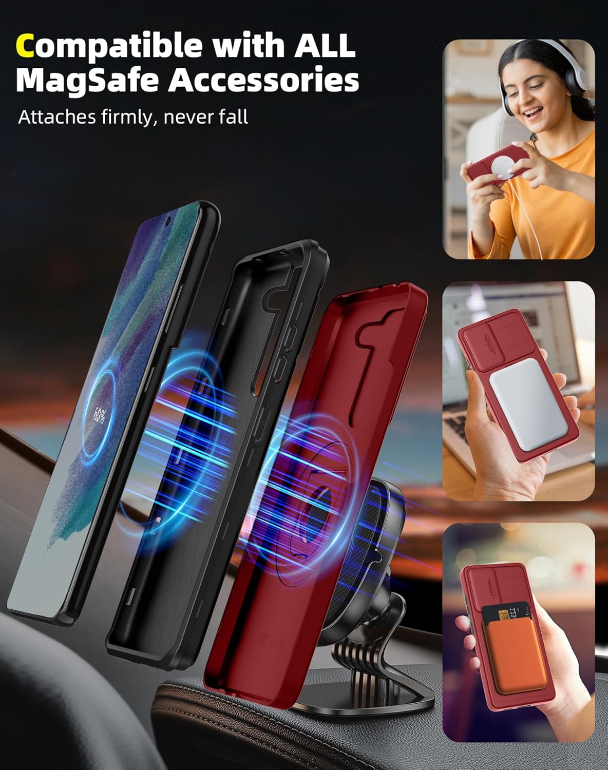 for Samsung Galaxy s21 FE Case Magnetic Compatible with MagSafe Wireless Charging,with 2 Screen Protectors,Built-in Stand Ring+Camera Cover Anti-Scratch Shockproof Heavy Duty Protection Red