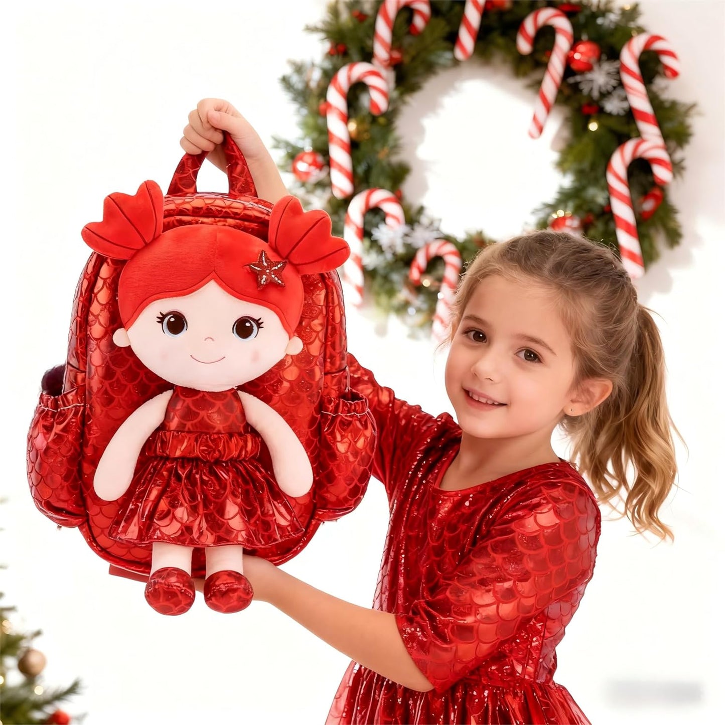 Lazada Toddler Backpack - Baby Girl Gifts Plush Doll Dress Backpack - Fashion Girls Tina Fish Scale Series - Red 11 Inches