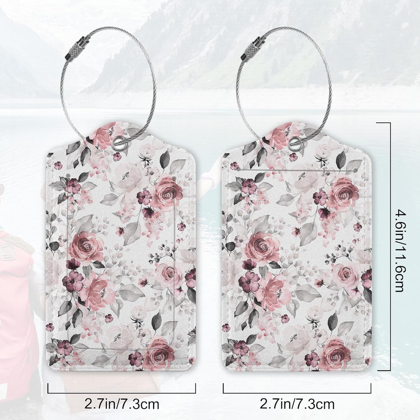 Chic Flower Luggage Tag for Suitcase Pink Rose Luggage Tag with Privacy Flap & Name ID Label & Metal Loop,Travel Suitcase Tags for Women