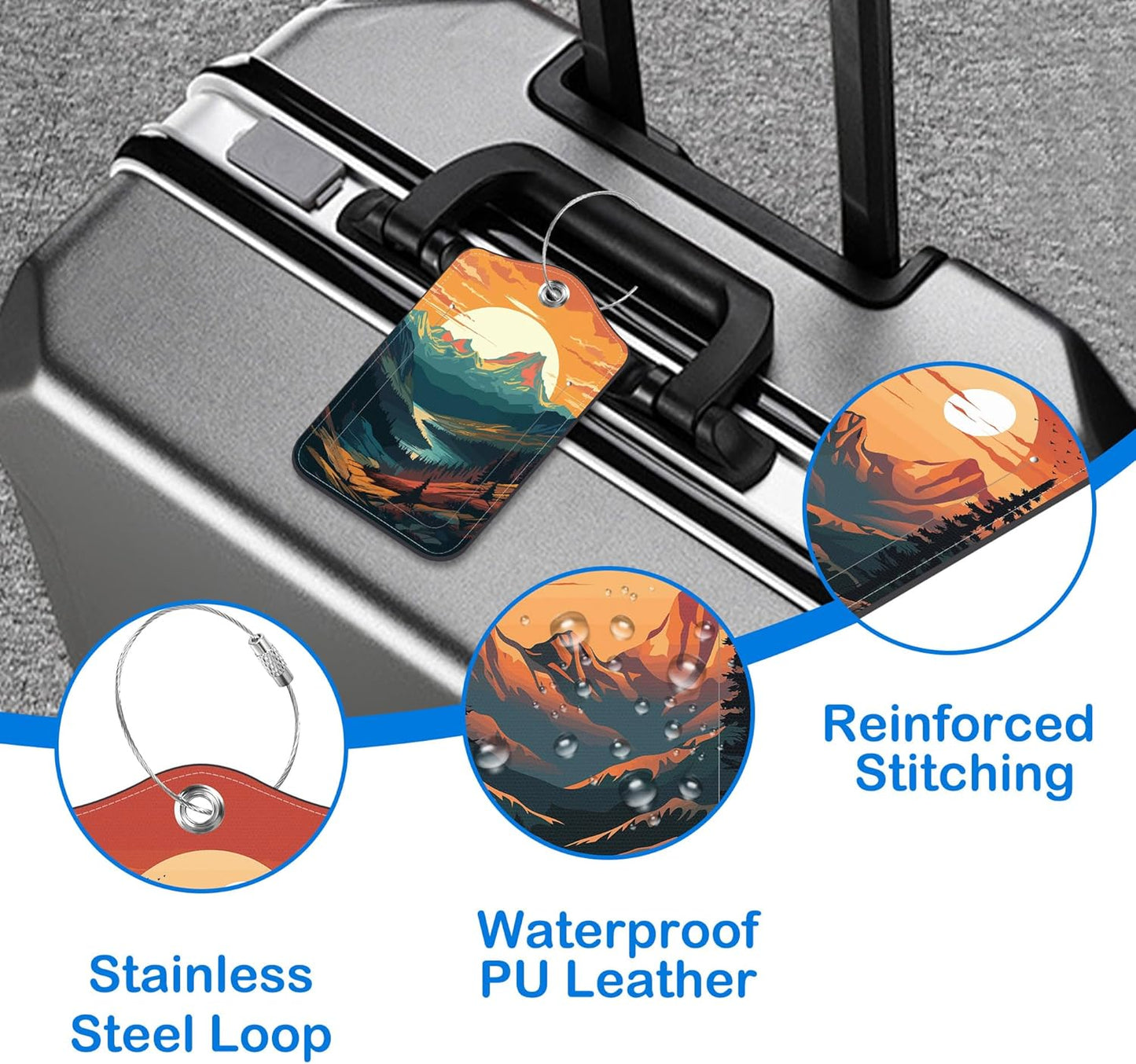 2 Pcs Luggage Tags for Suitcases, Sunset in The Mountains Leather Bag Tags for Luggage Privacy Cover Name ID Label with Stainless Steel Loop Cruise Airport Travel Essentials