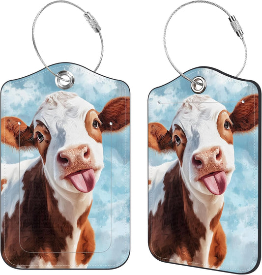 2 Pcs Luggage Tags for Suitcases, Cute Cow Sticking Out Tongue Leather Bag Tags for Luggage Privacy Cover Name ID Label with Stainless Steel Loop Cruise Airport Travel Essentials