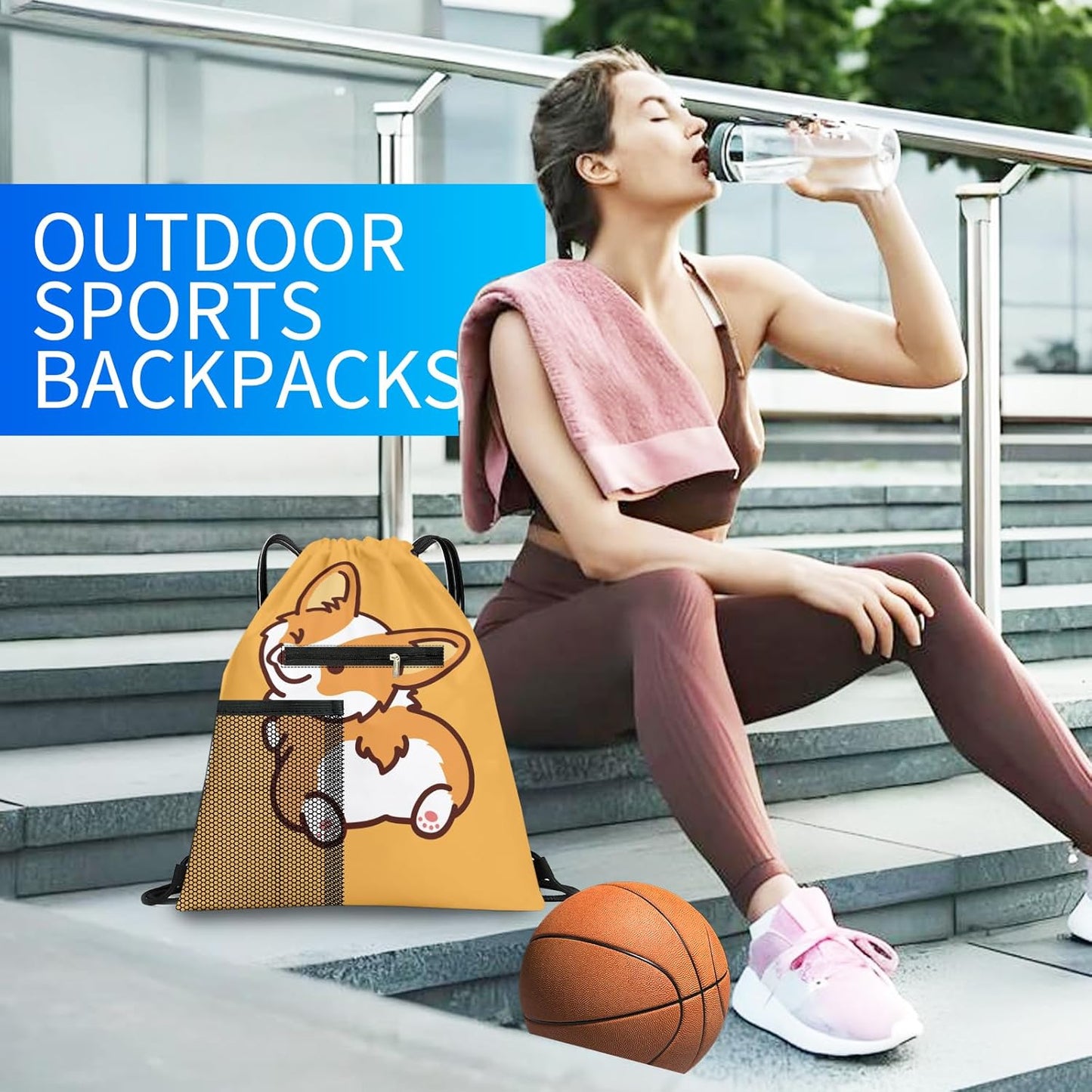 Drawstring Backpack Sports Gym Bag, Large String Swim Bag for Beach With Water Bottle Mesh Pocket, Cute Gym Sack with Zipper Pocket for Men Women Cute Yellow Corgi